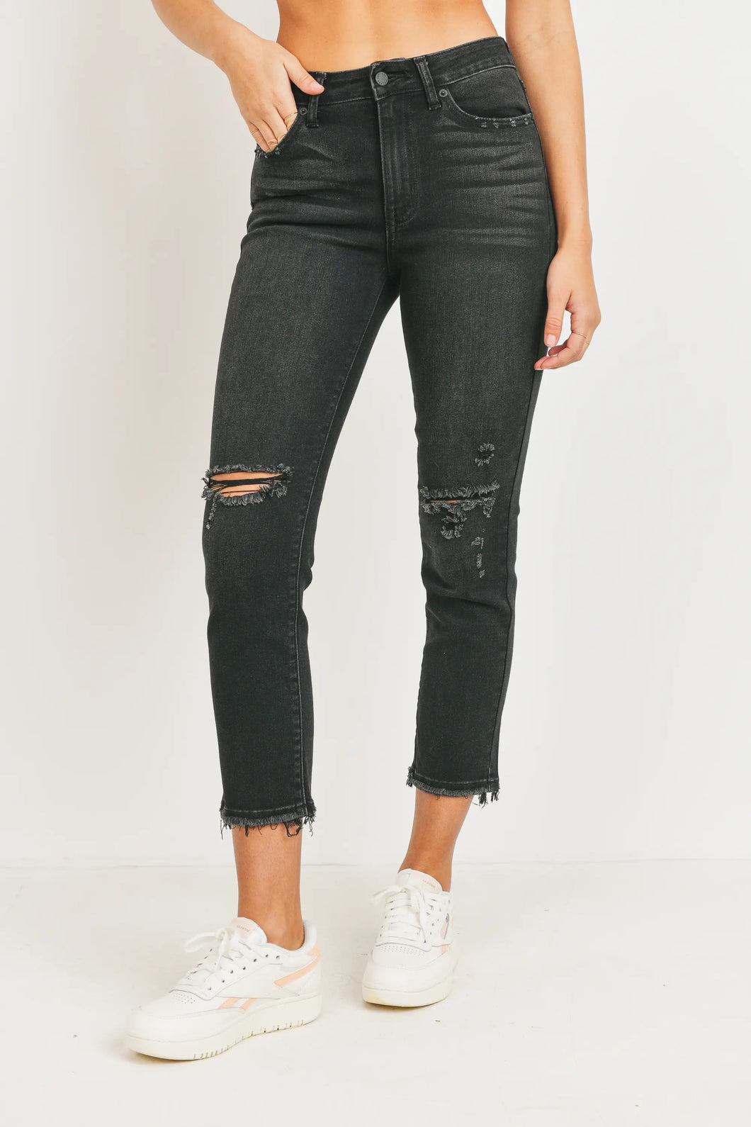 High Rise Straight Jeans With Knee Distress